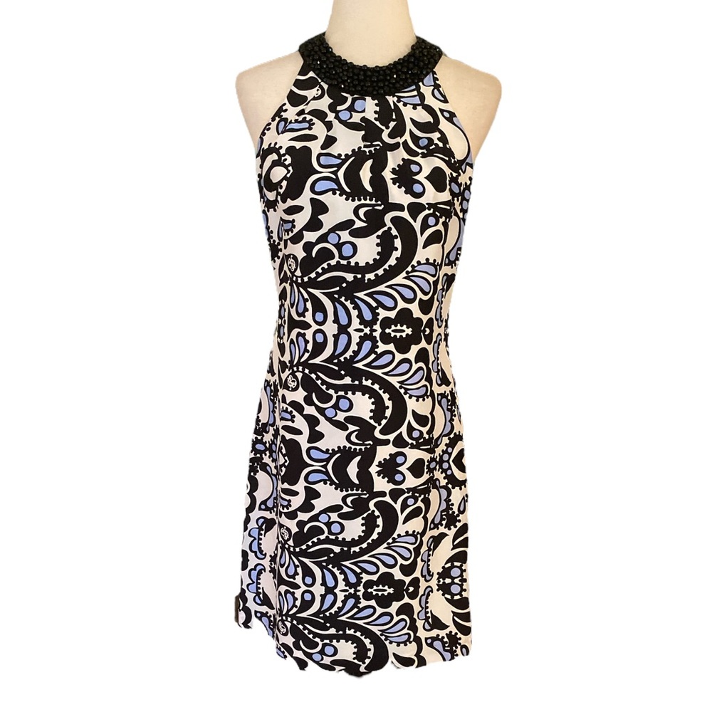 CK Bradley Silk Blue Black Paisley Beaded Halter Mini Sheath Column Dress - 4